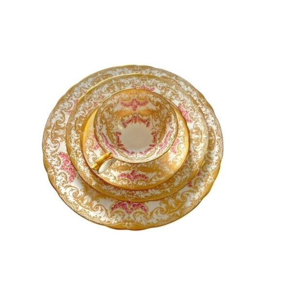 John Ansley Bone China 7986 00 Place Setting Gold Leaf Ornate Pink Vtg - Picture 1 of 16